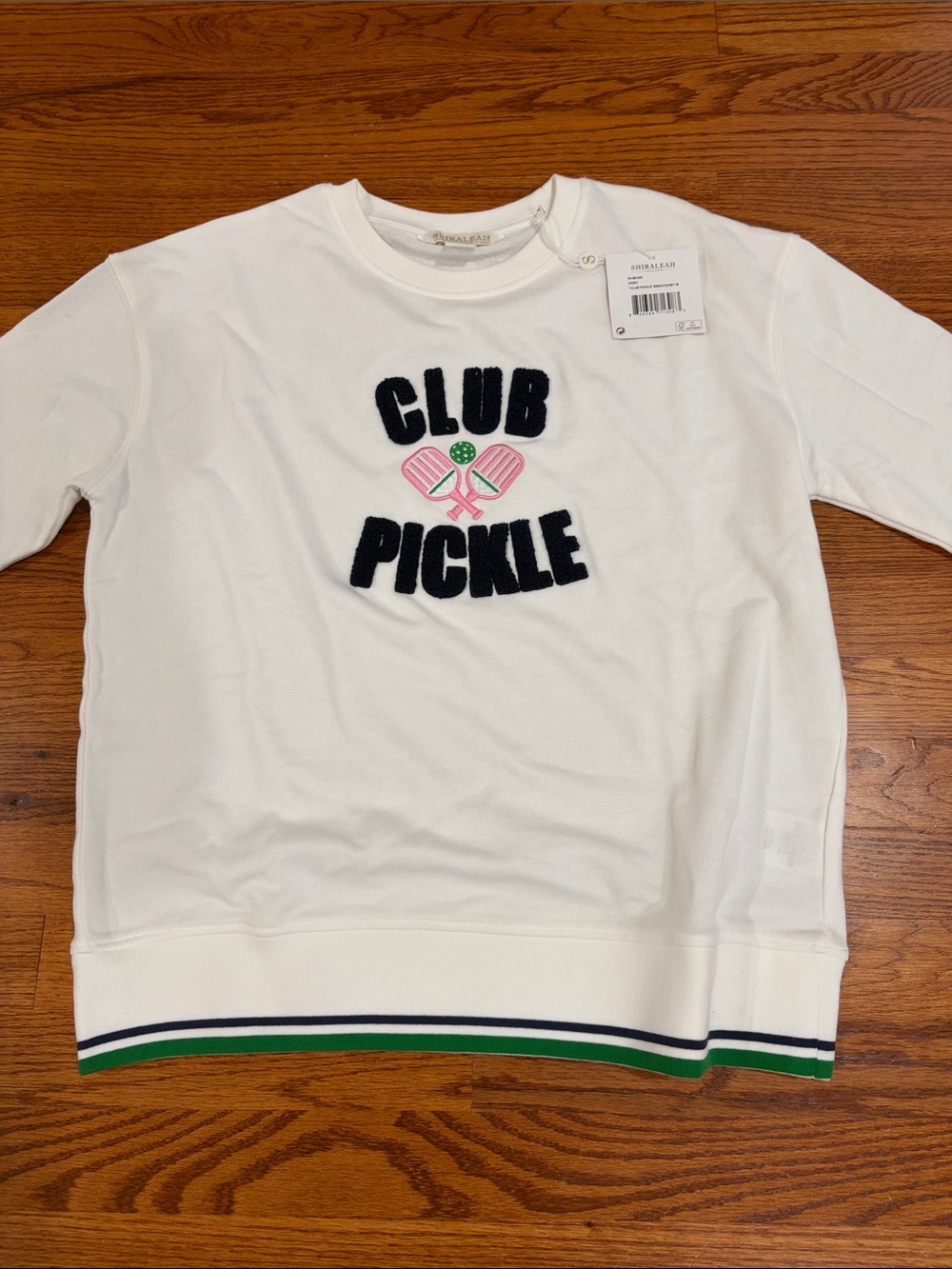 Shiraleah White 'Club Pickle' women’s Sweatshirt. Raised letting, size Medium